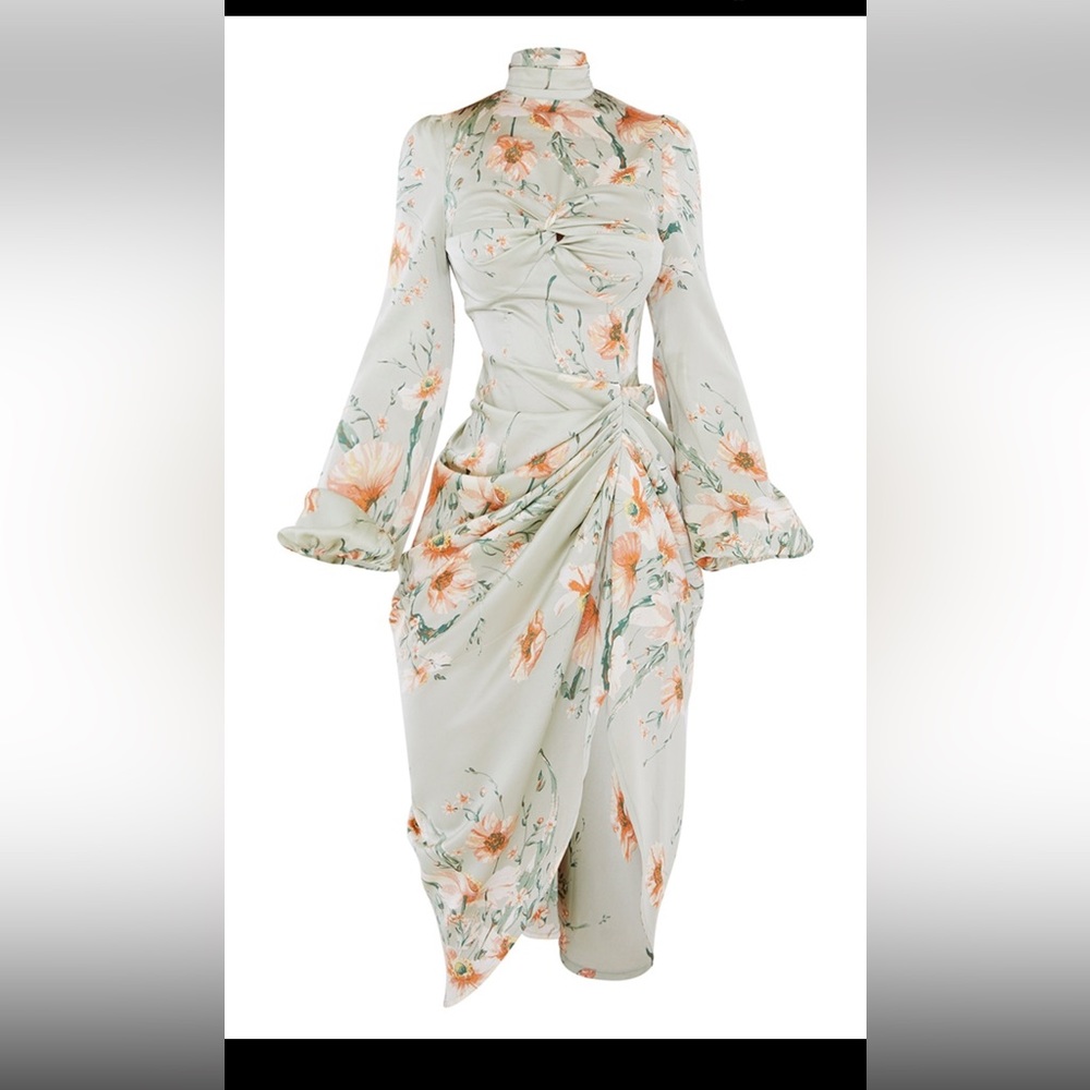 PrettyLittleThing sage green floral twist bust draped midi dress | PLT dress